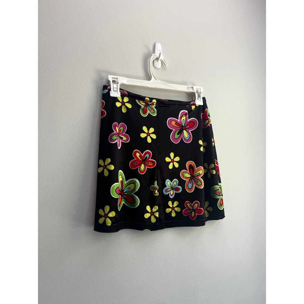 Treasure The Funk Womens XS Black Floral Velvet Mini Skirt Retro 90s Daisy Print